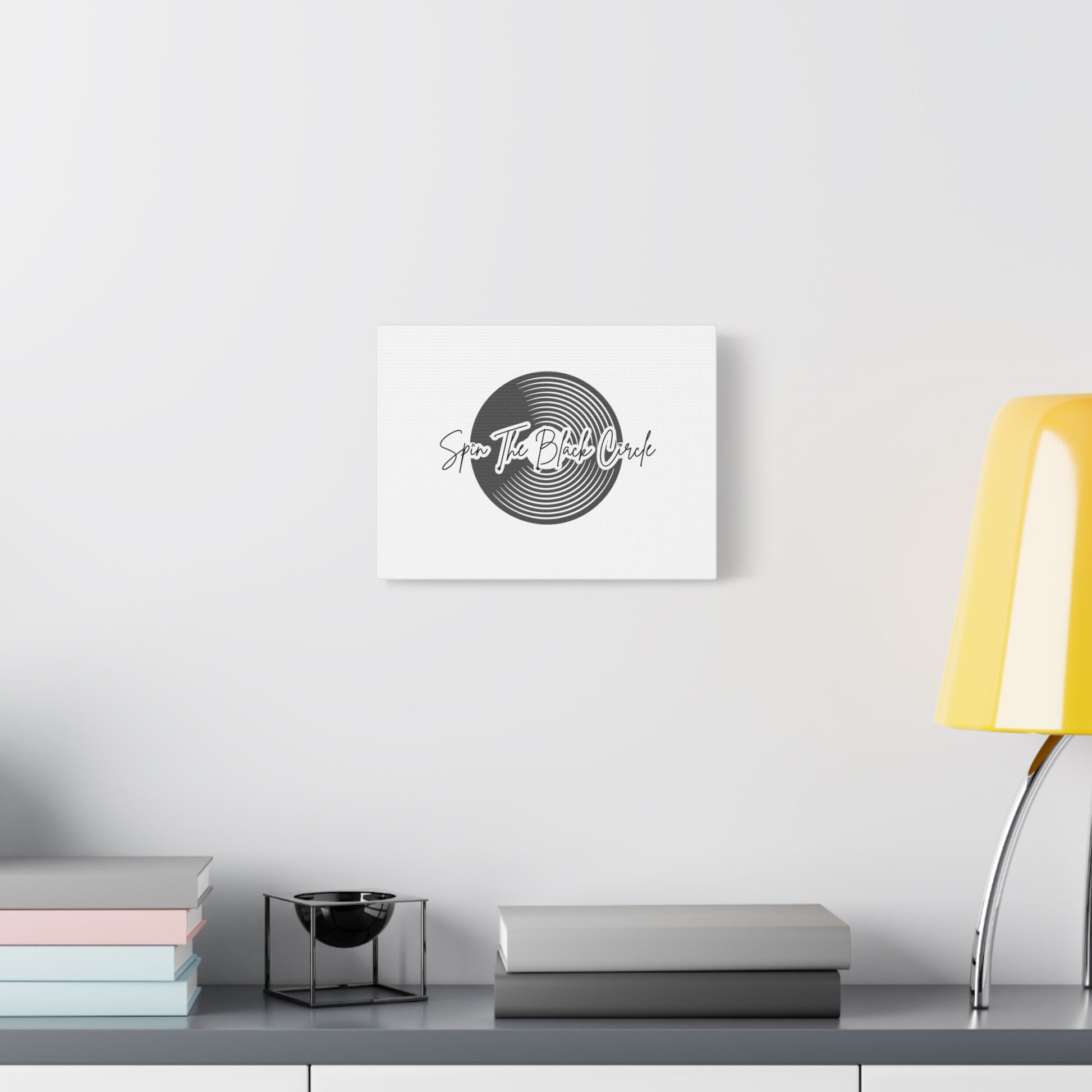 Wall Art Inspirational  Canvas - 'Spin The Black Circle' Decor for Music Lovers-white-hanging on a white wall
