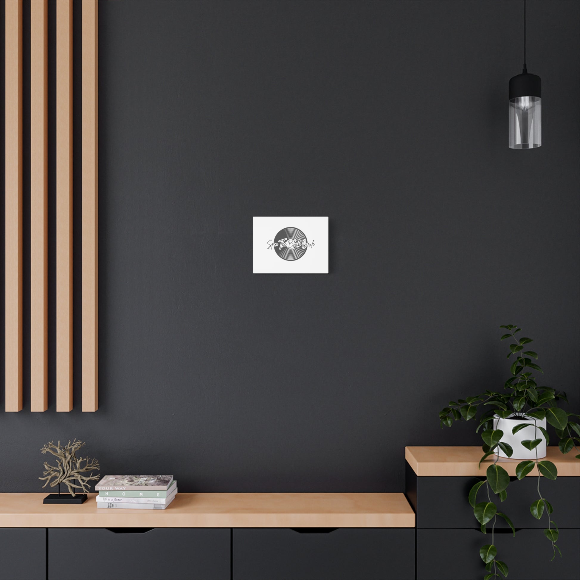 Wall Art Inspirational  Canvas - 'Spin The Black Circle' Decor for Music Lovers-white-hanging on a black wall
